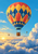 Large coral, gold, and cobalt patterned hot-air balloon with a suspended basket above sunlit clouds, with two smaller balloons in the distance.