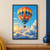 Large coral, gold, and cobalt patterned hot-air balloon with a suspended basket above sunlit clouds, with two smaller balloons in the distance.; frame shown for styling only