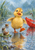 Yellow duckling stepping through a rainy puddle beside three snails and an open red umbrella.