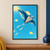 Manta-shaped kite with two patterned tails banks across a turquoise sky among three yellow cloudlike forms.; frame shown for styling only