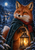 A red fox in a teal cape and crimson scarf holds a glowing lantern against a snowy night landscape with a moon and evergreens.