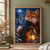 A red fox in a teal cape and crimson scarf holds a glowing lantern against a snowy night landscape with a moon and evergreens.; frame shown for styling only