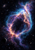 A glowing oval nebula with cyan, violet, and rose filaments surrounds a dark center beneath a bright star, with a crescent at lower left.