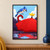 Blue jay perched on the curved handle of a red umbrella, looking toward a yellow paper boat near the umbrella's top.; frame shown for styling only