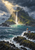 A narrow waterfall descends from a dark island peak toward a turquoise inlet, while a white lighthouse with a red roof stands above stormy surf.