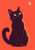 Upright black cat with a curled tail looking up at a small pale-pink balloon against a coral-red background.