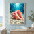 A large pink conch shell rests on pale underwater sand as a small hermit crab peeks from its opening beneath turquoise light rays.; frame shown for styling only