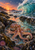 An octopus spreads its arms across a rocky tide pool beneath a curling turquoise wave, with an orange sunset and shell nearby.