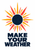 Navy sunburst with coral and golden rays above three stacked lines reading “MAKE YOUR WEATHER” on a white background.