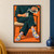 Faceless seated person in dark teal clothing pours sparkling water into a tumbler beside crossed legs in patterned lavender socks against orange.; frame shown for styling only