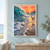 A teal-blue wave curls beside a shorebird lifting over reflective wet sand beneath an apricot and rose sunset.; frame shown for styling only