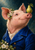 A pink pig in a cobalt-blue jacket poses with a green pear at its snout and white blossoms against dark teal.