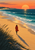 A small figure in a vermilion coat walks across a golden beach toward a low apricot sun over teal water, with a long shadow and foreground dune grass.