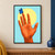 Orange-red open hand with a blue butterfly perched on the index fingertip, against aqua and a pale-yellow circle.; frame shown for styling only