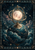 Glowing cratered moon within interlocking brass orrery rings above a wave-covered dark-blue planet, surrounded by stars and crescent moons.
