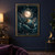 Glowing cratered moon within interlocking brass orrery rings above a wave-covered dark-blue planet, surrounded by stars and crescent moons.; frame shown for styling only