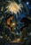 A woman kneels with a glowing lantern facing a black panther on a stone ledge beneath a huge pale flower and small moon.