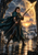 Woman warrior in a teal cloak holds a spear on a wet bridge beneath a glowing amber arc and sunrise.