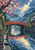 A vermilion arched bridge and its reflection cross a canal lined with stone embankments and houses, framed by pink plum blossoms.