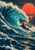 Huge turquoise wave curling around a small illuminated lighthouse on a rocky outcrop beneath a coral-red sun and distant birds.