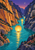 Three glowing amber lanterns above a winding turquoise river framed by patterned canyon cliffs beneath a purple dusk sky.