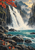 Woodblock-inspired view of a broad waterfall dropping into a turquoise pool in a forested gorge, with red maple leaves in the foreground.