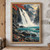 Woodblock-inspired view of a broad waterfall dropping into a turquoise pool in a forested gorge, with red maple leaves in the foreground.; frame shown for styling only