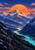 Large orange sun over snow-streaked mountains, with a bright turquoise river winding through a deep valley.