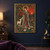 Ornately robed figure with a halo-like ring beside a spotted white deer, lotus pond, perched bird, and decorative botanical border.; frame shown for styling only