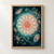 Luminous coral and aqua radial organism-like form surrounded by smaller shapes and gold dots on a dark teal background.; frame shown for styling only