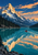 Red canoe and paddler crossing a turquoise lake beneath a snow-covered mountain, with forested shores and peach clouds.