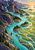 A winding turquoise river passes between rugged cliffs and green marsh islands, with a small red rowboat and distant waterfall.