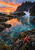 Sunset coastal tide pool with a red sea star on foreground rocks, luminous ripples, a breaking wave and a wooded headland.