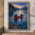 Two paddlers seen from behind in a red canoe on a blue river, with forested banks, mountains, and a glowing twilight sky.; frame shown for styling only