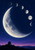 Large cratered crescent Moon above six smaller lunar disks, dark ridgelines, and a silhouetted observatory dome.