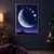 Large cratered crescent Moon above six smaller lunar disks, dark ridgelines, and a silhouetted observatory dome.; frame shown for styling only