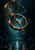 Open brass compass floating above dark water, surrounded by bubbles, with a small crescent-shaped reflection and ripples below.