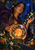 Dark-haired adult woman in an ornate purple cloak gesturing around a glass sphere with a glowing orange moon-like center, surrounded by citrus, blossoms, and night-garden foliage.