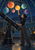 Woman beside a telescope reaching toward six glowing colored spheres with orbit rings beneath a domed observatory ceiling.