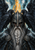 Helmeted, bearded figure in dark armor framed symmetrically by two black ravens against a blue-and-orange background.