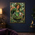 Leaf-crowned woman pouring a bright green stream from a vial into a planted glass vessel in a leafy greenhouse.; frame shown for styling only