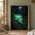 Luminous turquoise-green mushrooms on a wet fallen log among ferns in a dark moonlit forest.; frame shown for styling only