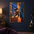 Small horned, pointed-eared spirit pushing against a large blue door as rain and orange leaves blow outside.; frame shown for styling only