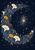 Pale flowers, yellow blooms, blue foliage, and ferns form a curved botanical wreath around a central star cluster on a navy ground.