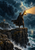 A cloaked adult raises a glowing lantern on a rocky sea cliff beneath storm clouds, with a lighthouse in the distance.
