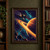 Small suited astronaut reaches toward a bright orange ringed planet beneath a large spacecraft in a starry teal-lit scene.; frame shown for styling only