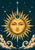 Golden anthropomorphic sun with alternating pointed and wavy rays, a crescent above its brow, curling clouds, stars and orbital lines on dark teal.