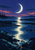 Pale crescent moon above a winding blue inlet, with a silver-blue reflection between dark foreground rocks and a distant shoreline.