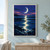 Pale crescent moon above a winding blue inlet, with a silver-blue reflection between dark foreground rocks and a distant shoreline.; frame shown for styling only