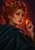Adult fantasy woman with copper-red braids and a dark teal cloak holding a glowing ember near her cheek.